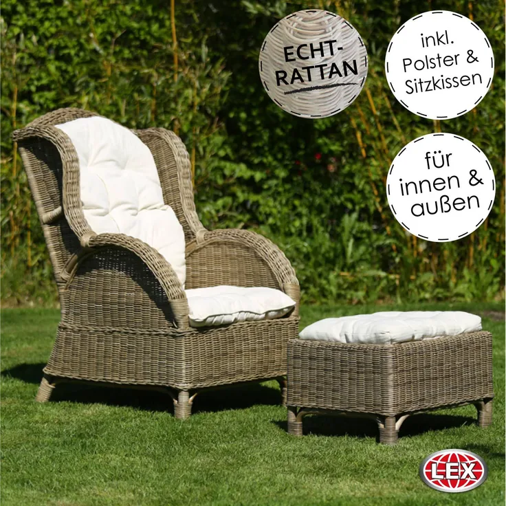 Relax Rattan Ohrensessel Hocker Polster In & Outdoor Gartensessel Kaminsessel