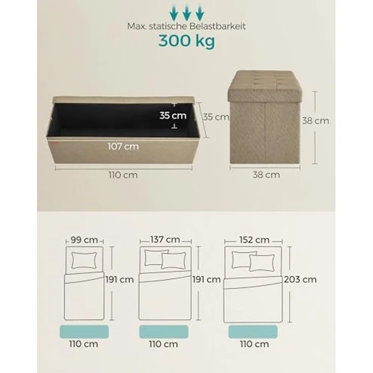Songmics Sitzbank mit Stauraum, klappbare Sitztruhe, Aufbewahrungsbox, 38 x 110 x 38 cm, Deckel klappbar, bis 300 kg belastbar, für Flur, Wohnzimmer, Schlafzimmer, Kamelbraun LSF076K01 – Bild 3