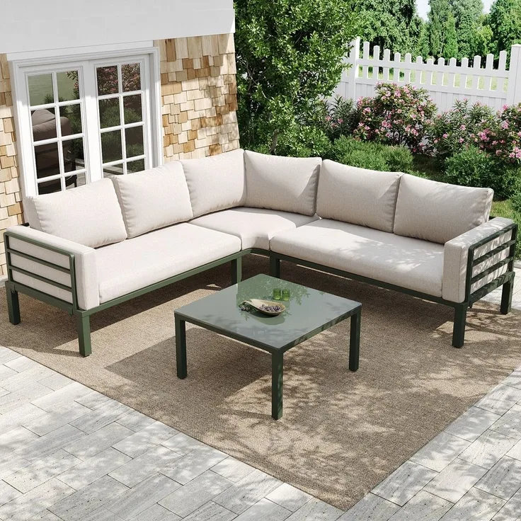 Merax Gartenlounge-Set, (Terrassenmöbel Gartensofa Gartengarnitur Sitzgruppe für 4-5 Personen, 4-tlg), Gartenmöbel mit Couchtisch, gehärtetes Glas und verzinkter Eisenrahmen