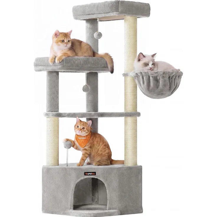 Feandrea Kratzbaum, Katzenbaum, 48,5 x 48,5 x 140,7 cm, Katzenkratzbaum mit großer Kuschelhöhle, großen Plattformen, Plüschbällen, Liegemulde, Taubengrau