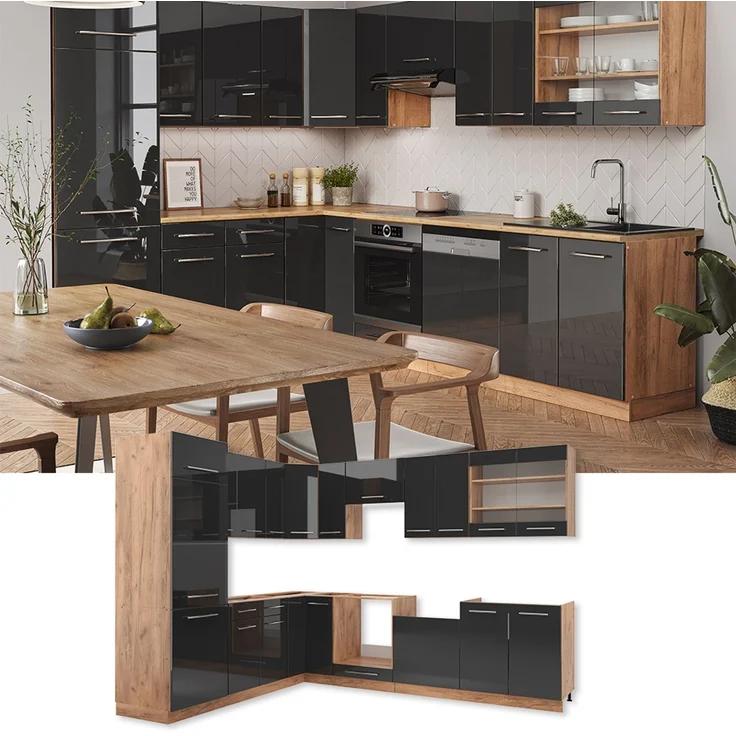 Eckküche Fame-Line Anthrazit Hochglanz/Goldkraft Eiche 227 x 60 cm , AP Eiche Vicco – Bild 2
