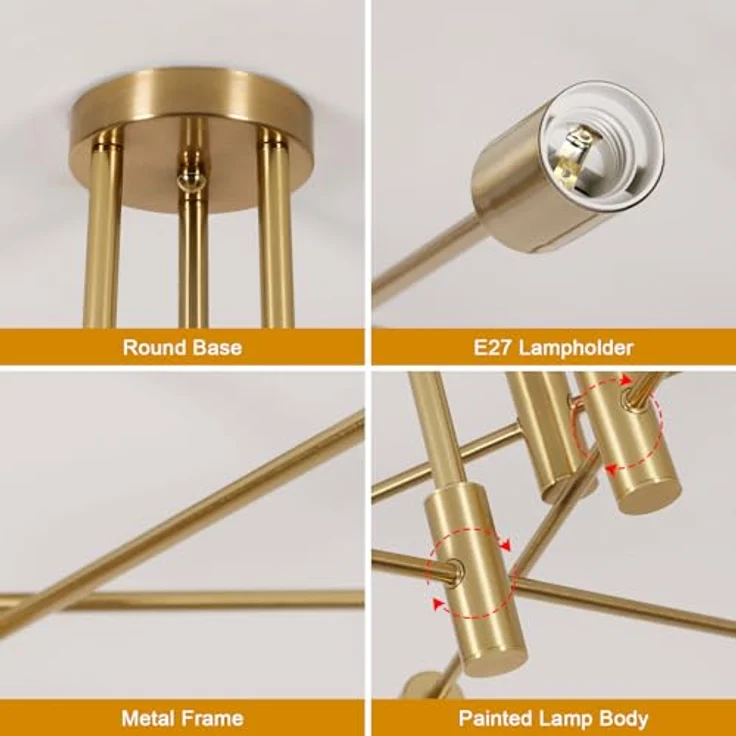 Goeco Vintage Deckenleuchte 6 Flammig E27 Fassung Max. 60 W Gold Kronleuchter Retro Sputnik Deckenlampe für Schlafzimmer Wohnzimmer Küche, Glühbirnen Nicht Inbegriffen – Bild 5
