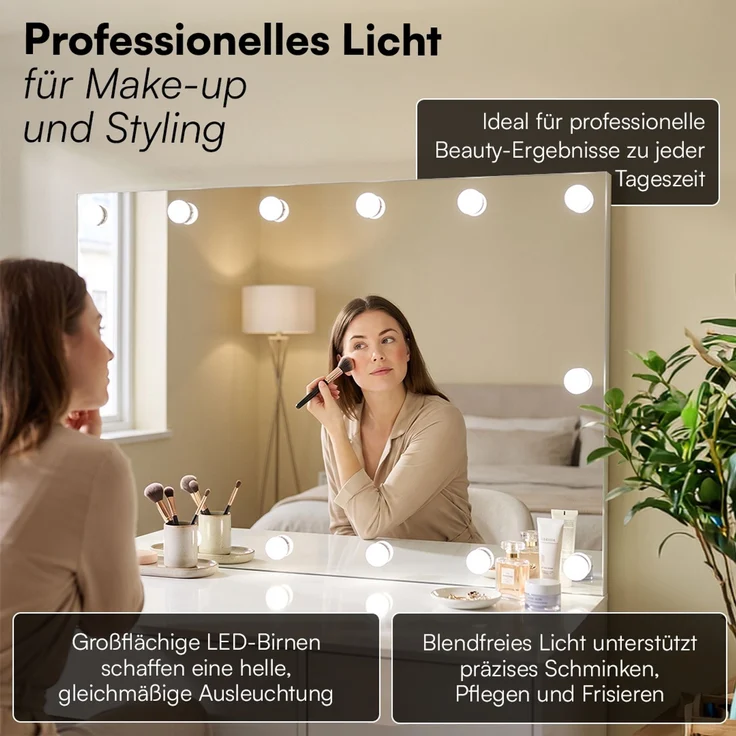 Bellamio 'Livny' Schminkspiegel mit LED-Glühbirnen, dimmbar, Hollywood Spiegel mit 3 Lichtfarben, weiß, 110x70 cm, inkl. Touch-Screen (mit Wandbefestigung) – Bild 6