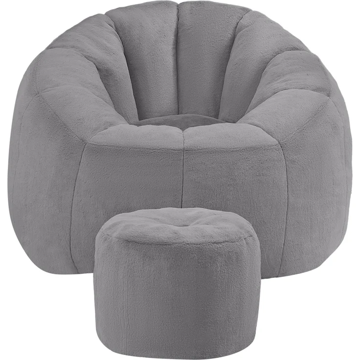 Sitzsack 105 x 105 x 70 cm mit Fußhocker – Blütenform aus Kaninchenfell-Imitat in Grau – Bild 9