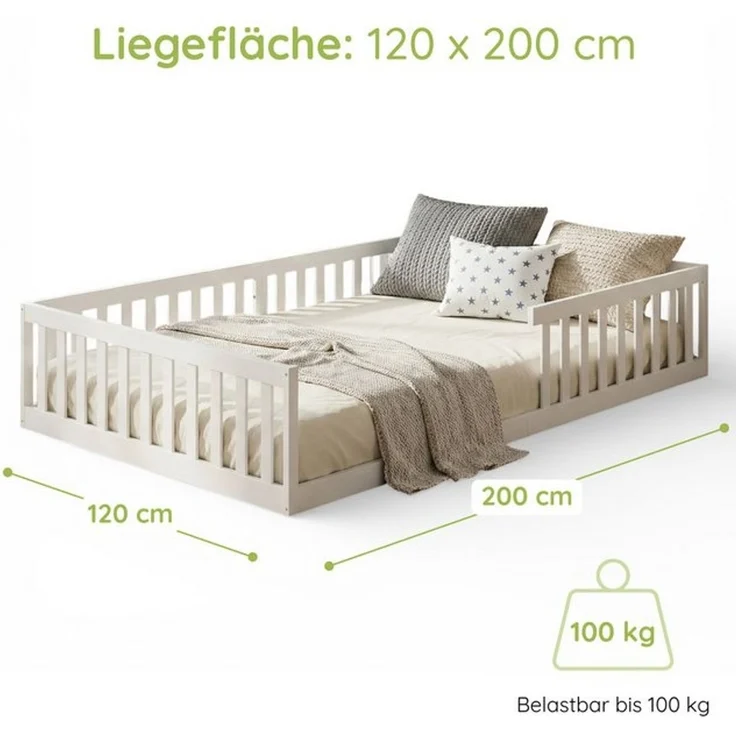 Kids Collective Kinderbett Bodenbett Bett mit Rausfallschutz & Lattenrost Montessori Bett Kinder (90x200, 120x200 und 140x200), Jugendbett Einzelbett Kiefer-Vollholz Weiß 120x200 – Bild 4