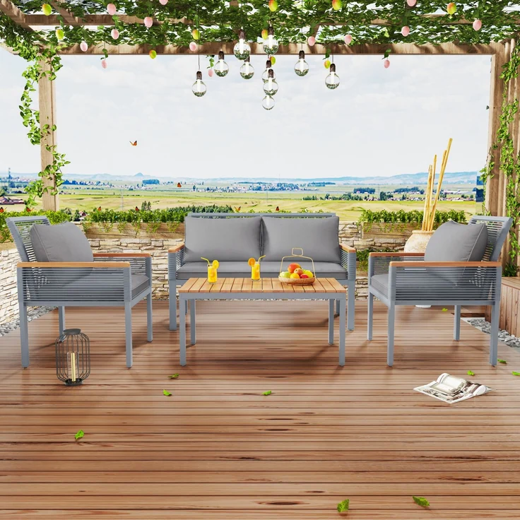 Merax Gartenlounge-Set für 4 Personen, Gartenmöbel Set mit bequemem Kissen, Doppelsofa, 2 Sessel und Tisch, Outdoor, Rattan, Tisch und Stühle, grau – Bild 2