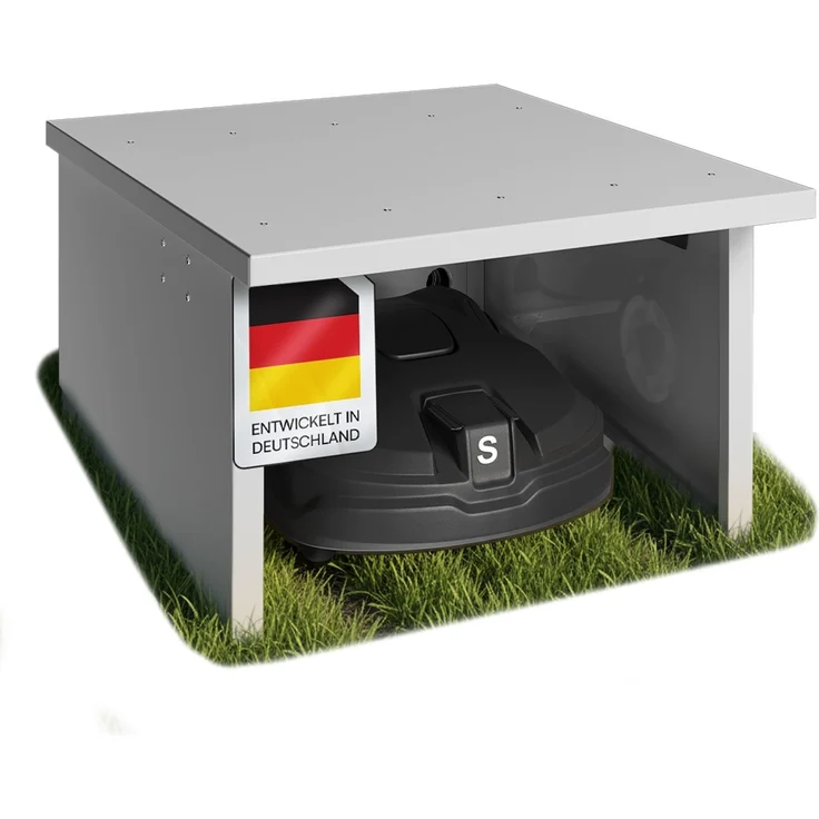 STEELSØN 'Drakon' Mähroboter Garage, Metall, silber, wetterfest, 53/42x77x90 cm, Mähroboterhaus mit aufklappbarem Pultdach – Bild 1