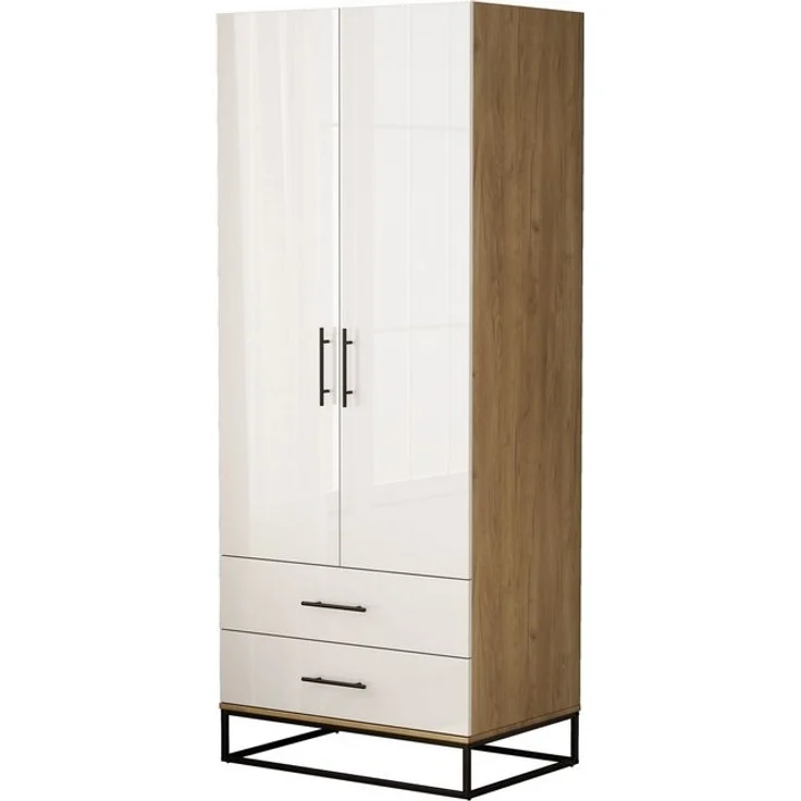 OTTO home Kleiderschrank Lucca Schlafzimmerschrank Garderobe hochglanz Bestseller (Hochwertige schwarze Griffe und Kufengestell) Schlafzimmerschrank mit 2 Türen und 2 Schubladen, Breite 80cm – Bild 4