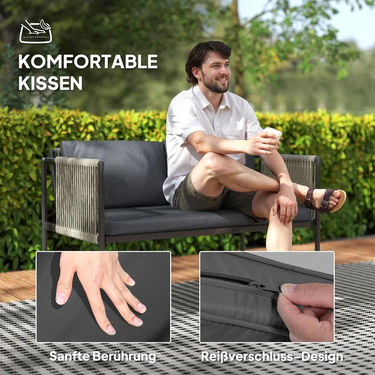 Outsunny Sitzgruppe mit 2er Sofa, Sessel, Glastisch, Kissen, (Gartenmöbel-Set aus Polyrattan, 4-tlg, wetterfest Lounge-Set), für 4 Personen, für Garten, Balkon, Grau – Bild 5