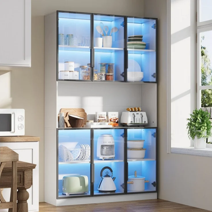 OKWISH Vitrine Regal 120x200x34 cm mit LED-Beleuchtung & 6 Glastüren – Weiß (Packung, 1-St, Elegante Aufbewahrungslösung mit Soft-Close Scharnieren) Perfekt für Ihre wertvollen Stücke. – Bild 4