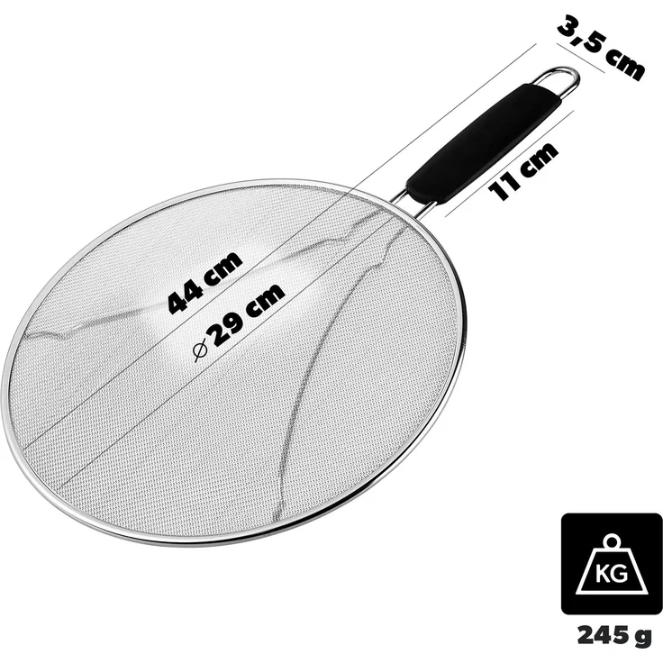 KADAX Pfannen Spritzschutz Ø 29 cm, Edelstahl Pfannenspritzschutz mit feinmaschigem Netz, Fettspritzschutz Deckel für Pfanne, Küchenhelfer gegen Ölspritze – Bild 2