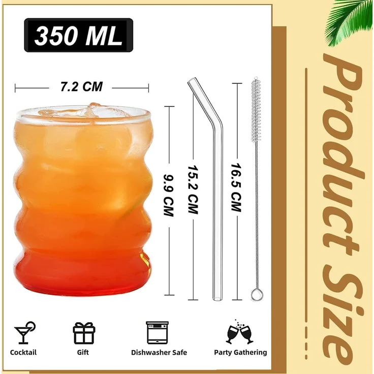ALINK 350ml Gerippte Trinkgläser Set of 2 Glass Straws Wave Longdrinkgläser – Bild 2