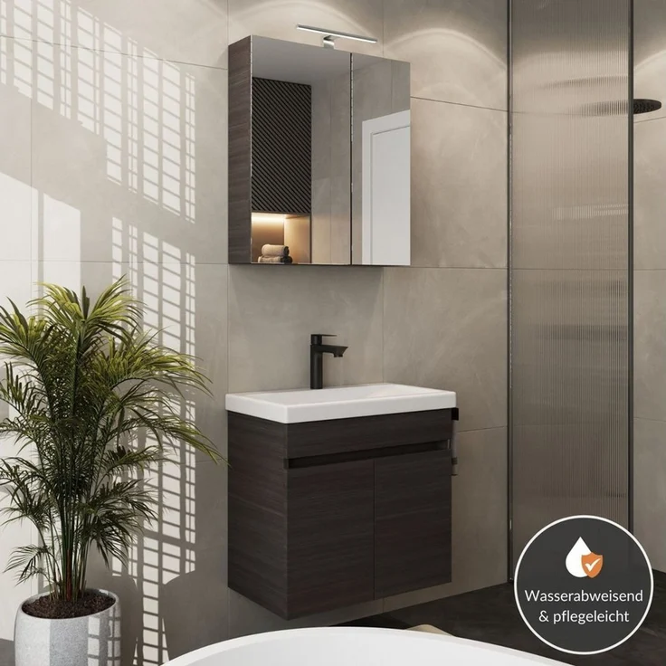 Planetmöbel Badmöbel-Set Badmöbel Set - Waschtisch mit Spiegelschrank 63 cm, (Waschbecken mit Unterschrank, 3-St, Spiegelschrank Bad mit Beleuchtung) – Bild 2