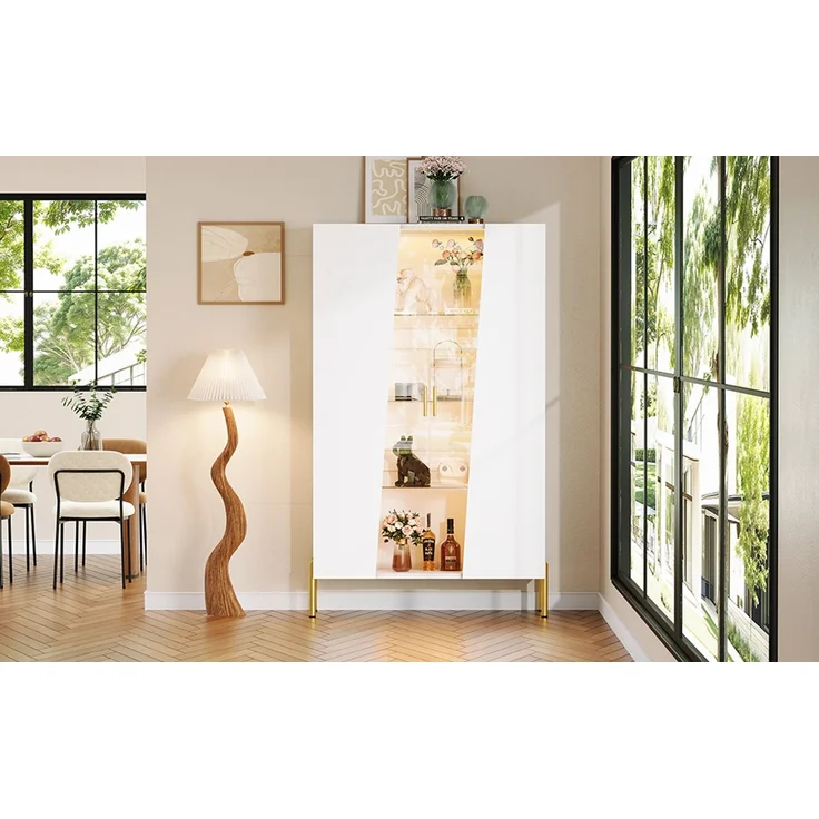 ZUBALIYA LED-Beleuchteter Glasschrank 72 x 40 x 145 cm, mit asymmetrischer gehärteter Glastür, 3 Glasböden, Metallgriff und Metallfüßen, als Vitrine, Esszimmerschrank, Bücherregal,Weiß – Bild 15