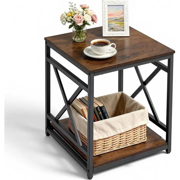VEVOR Beistelltisch 2-stufiger Nachttisch mit Offenen Ablagefächern, Moderner Nachttisch mit X-förmigem Metallgestell, Couchtisch aus Holz für Wohnzimmer Schlafzimmer Büro, Braun Schwarz