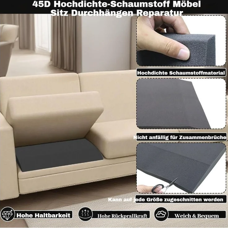 BlingBin Polsterauflage Hochdichter Reparatur-Stützschwamm gegen Sofa-Durchhängen, (4er Set, 4 St, 500 × 500 × 50 mm), stabiler Ersatz für Couch, 2-Sitzer-Couch und Sessel – Bild 4