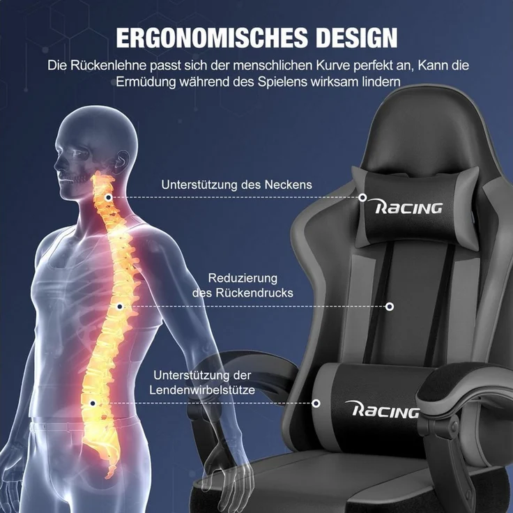 Hiazurm Gaming-Stuhl Gaming Stuhl Chair Gamer Sessel - Ergonomischer Gamer Stuhl (Tragkraft 150 Kg), Gamingstuhl mit Fußstütze Kopfstütze und Lordosenstütz PC Sessel – Bild 2
