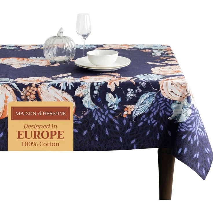 Maison d' Hermine Tischdecke, rechteckig, 100% Baumwolle, wiederverwendbar, dekorativ, für Alltag, Esszimmer, Bauernhaus, Zuhause, Party, Feste und Hochzeit, 137,2x182,9 cm (Pumpkin Blues)
