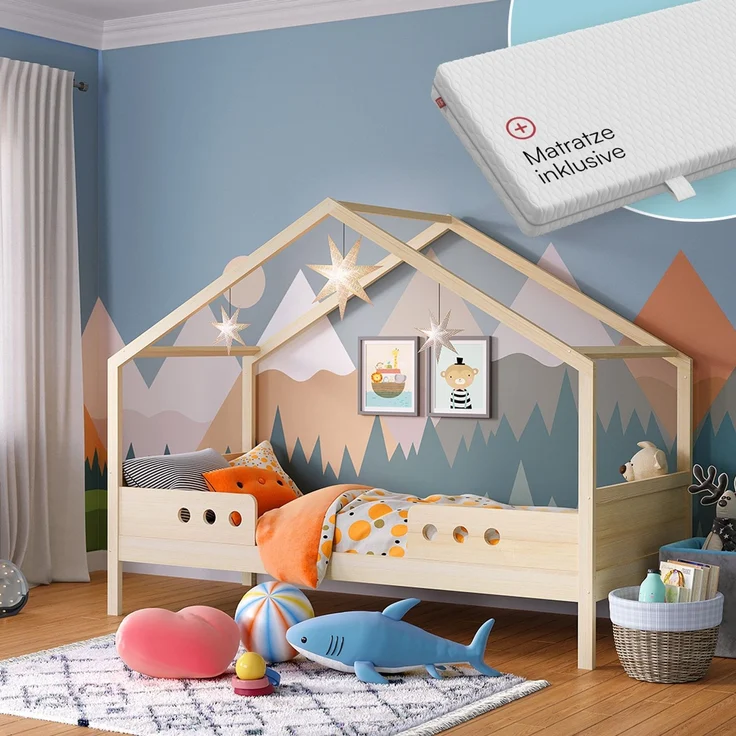 Bellabino 'Bela' Hausbett 90x200 cm mit Matratze, natur, Kiefer Massivholz, Montessori Kinderbett mit Rausfallschutz und Lattenrost – Bild 1