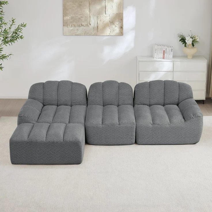 EINHOM 3-Sitzer L-förmiges Modulares Sofa mit 1 Ottoman, Boneless Sofa aus 32D Hochdichtschaum, tiefe Sitzfläche, ideal für Wohnzimmer, weicher Stoff, Grau – Bild 3