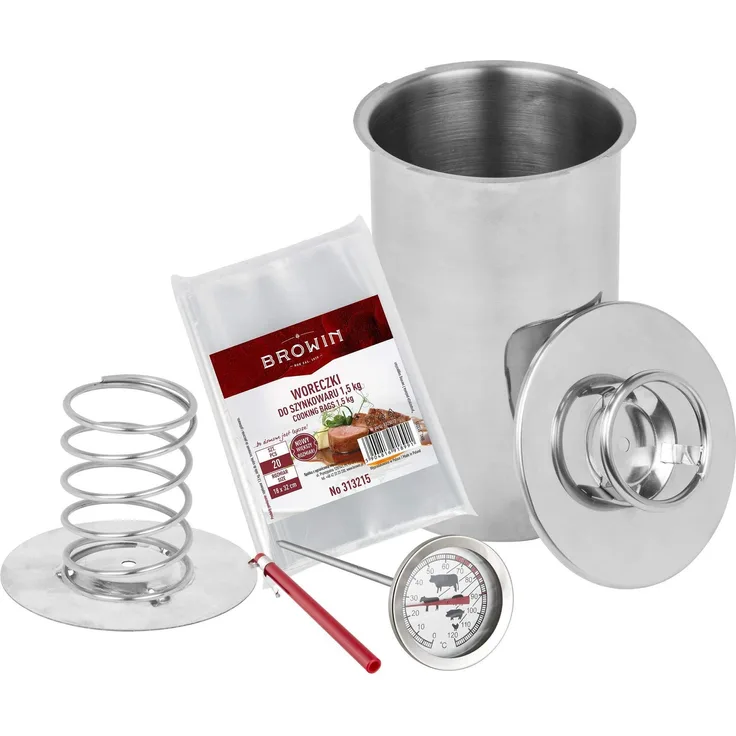 Browin Rostfreier Schinkenkocher zum Schinken selber machen | 1,5 kg | silber | Set mit Thermometer zum Kochen und Beuteln für die Herstellung von hausgemachtem Aufschnitt | 11 x 11 x 18 cm, 313115