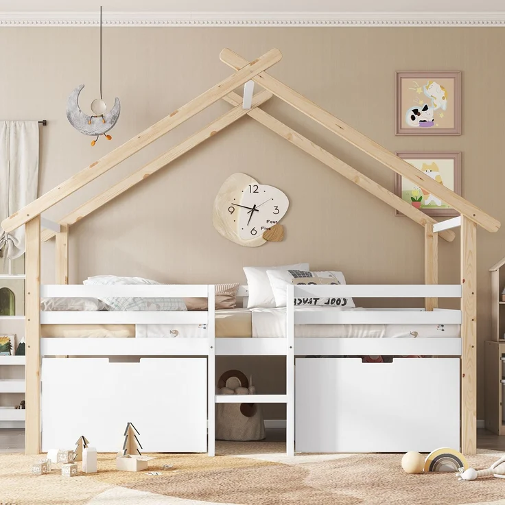 Kinder Hausbett 90x200 halbhoch mit Dach & 2 Schränken - Weiß+Natur, mit Treppe,Sicherheitszaun, Stauraum,Spielbett – Bild 3