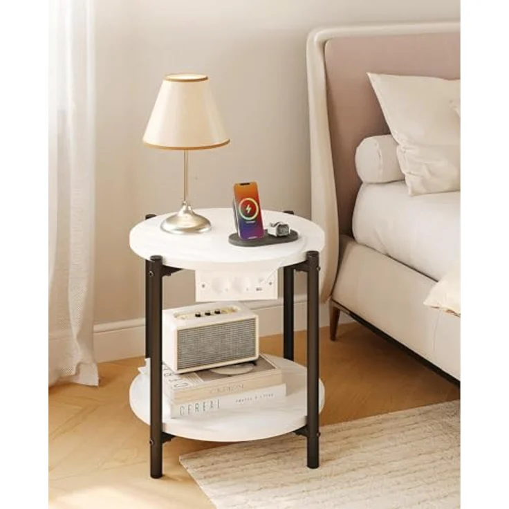 IRONCK Beistelltisch rund, Couchtisch mit Steckdose, Kleiner Tisch Holz, Wohnzimmertisch 2 Ablagen,Sofatisch,USB & Type-C-Anschluss, Metallrahmen, Nachttisch für Schlafzimmer (Weiß, 2 Stücke) – Bild 3