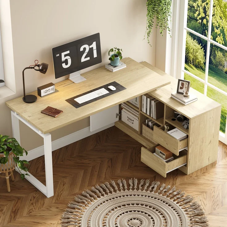 Flieks L-förmiger Schreibtisch 152x113.5x76 cm, Bürotisch mit 2 Schubladen, 3 offenen Regalen & 1 Schrank, Naturholzfarbe & Weiß – Bild 3