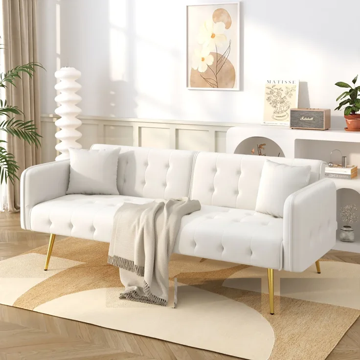 Merax Zweisitzer-Multifunktions-Sofabett mit Bettfunktion, verstellbarer Rückenlehne + mehrstelligen Armlehnen. Faltsofabett Veloursbezug, Weiß