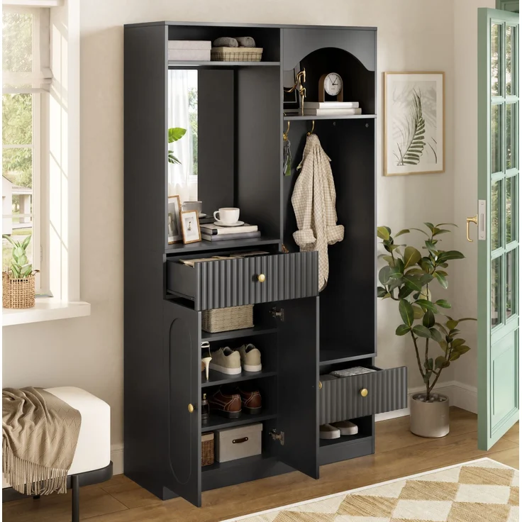 DESVIAE Garderobenschrank mit LED-Beleuchtung und Spiegel 100x180x35 cm MDF Schwarz – Bild 1