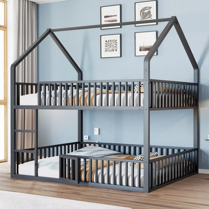 Bett 140x200 cm in Hausform aus Metall mit Tür und Sicherheitsgeländern – kindgerechtes Etagenbett – Bild 2