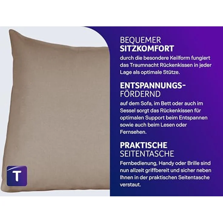Traumnacht Cozy Rückenkissen, Lesekissen,abnehmbarer, waschbarer Bezug aus 100% Polyester,praktisches Seitenfach,Öko-Tex zertifiziert,produziert nach deutschem Qualitätsstandard,70x40 cm, hellbraun, – Bild 3