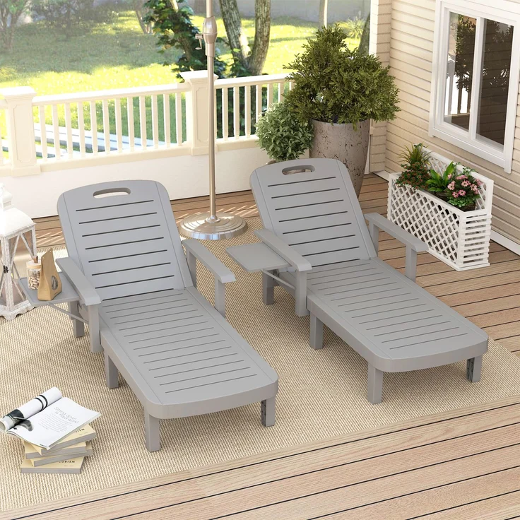 JARDJ Set aus 2 verstellbaren Gartenliegen mit Tisch und Armlehnen, aus Polypropylen, 79 x 158 x 88 cm, Hellgrau – Bild 4