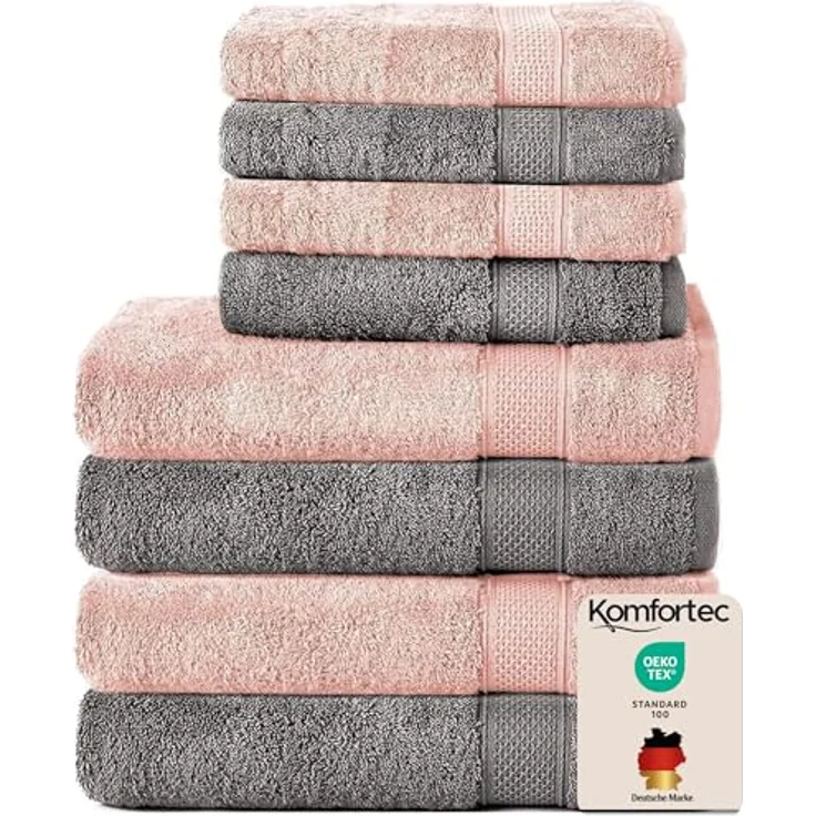 Komfortec 8er Handtuch Set aus 100% Baumwolle, 4 Badetücher 70x140 und 4 Handtücher 50x100 cm, Frottee, Weich, Towel, Groß, Anthrazit Grau/Blütenrosa – Bild 2