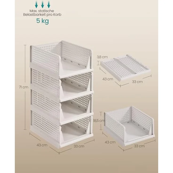 SONGMICS Schrank-Organizer klappbar, Kleiderschrank-Organizer stapelbar, ausziehbarer Korb 4er Set, Aufbewahrung und Organisation, Kunststoff, Schlafzimmer, Büro, Badezimmer, weiß LPC400WZ01 – Bild 5