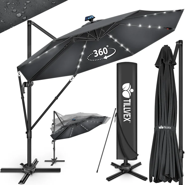 tillvex® Premium Alu Sonnenschirm 330 cm Anthrazit + Abdeckung & Windsicherung | Ampelschirm 6-Fach Verstellbar mit Kurbel | Gartenschirm 360° Drehbar Neigbar Kippbar | Kurbelschirm UV50+ Groß wasserdicht – Bild 1