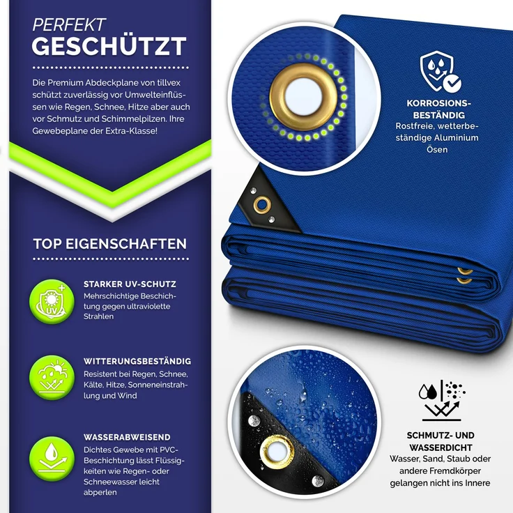 tillvex® Abdeckplane Blau 5x7 m mit Ösen + 10 Haken & 15m Seil | Gewebeplane 650g/m² Wasserdicht & Reißfest | Premium PVC-Plane Universell LKW, Pool, Holz Gartenmöbel | Gartenplane Abdeckung – Bild 2