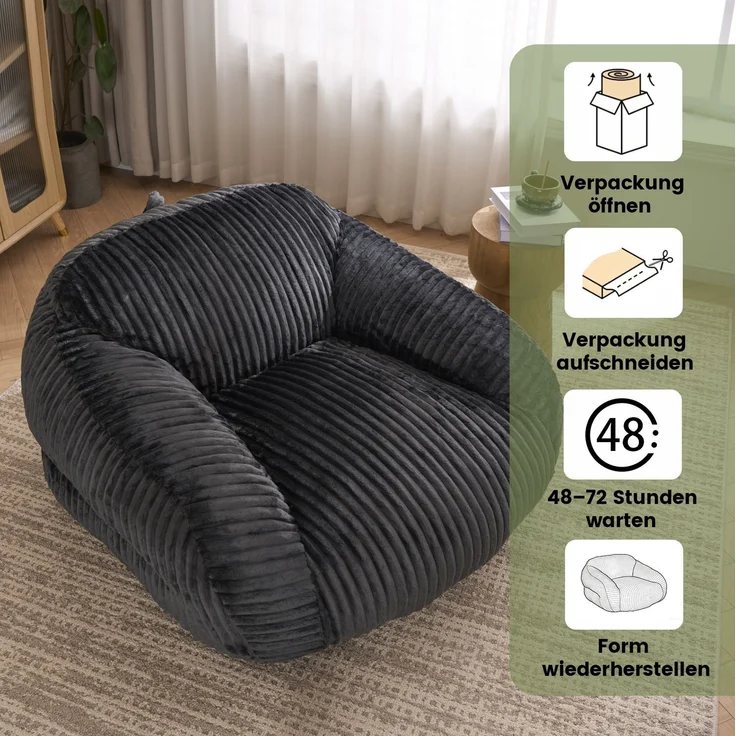 Sitzsack 116cm×110cm×61cm in Dunkelgrau mit Cordbezug – komfortabler Loungesessel für Wohnzimmer, Schlafzimmer und Balkon – Bild 6