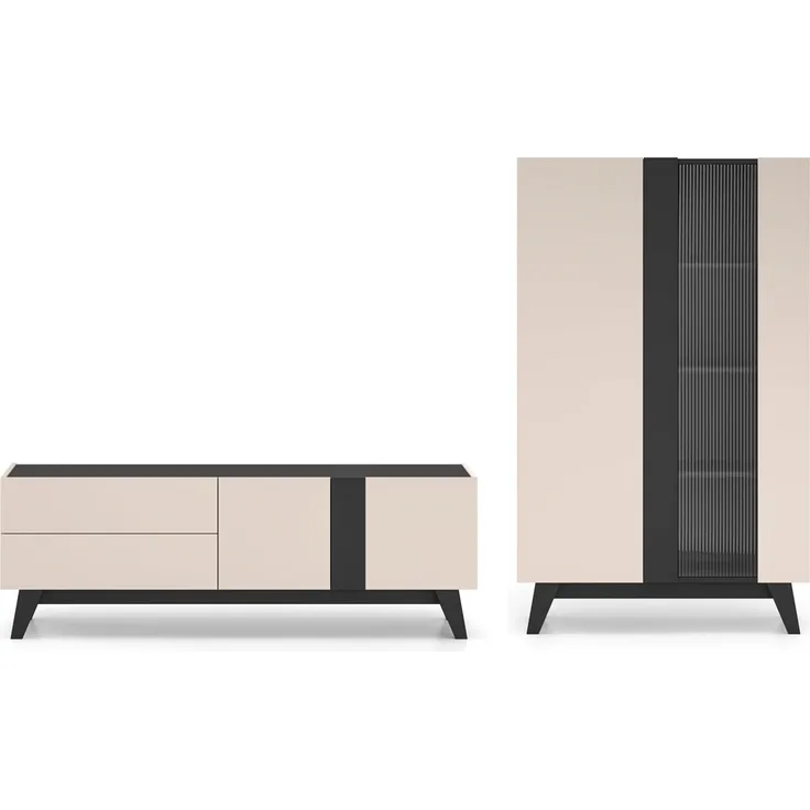 Wohnzimmer-Set Freshion Wohnwand Ausführung braun Kaschmir schwarz