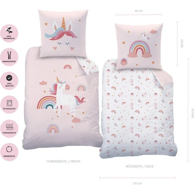 MTOnlinehandel Bettwäsche Einhorn 135x200 + 80x80 cm (Unicorn), 100% Baumwolle, 2 teilig, Mädchen-Bettwäsche Magic Tale, Regenbogen, Sterne und Wolken – Bild 3
