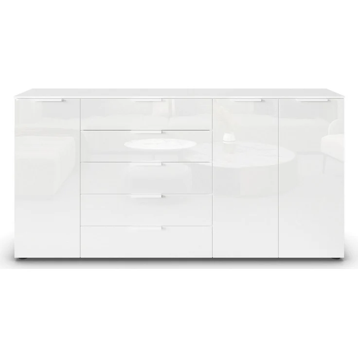Rauch Möbel Flipp, Kombikommode, Kommode mit Stauraum für Wohnzimmer, Schlafzimmer, Flur, 4 Fachböden, Alpinweiß/Glasfront Weiß, 3-türig, Glastüren, 5 Schubkästen, Griffe weiß, 199 x 100 x 42 cm – Bild 3