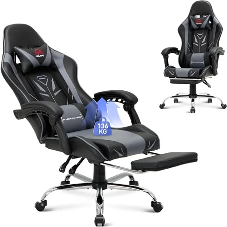COLAMY Gaming Stuhl, Computer Stuhl mit Fußstütze und Lendenwirbelstütze, höhenverstellbarer Gaming Chair mit 360°-Drehsitz und Kopfstütze, Video Gamer PC Stuhl, Ergonomische hohe Rückenlehne, Grau – Bild 2