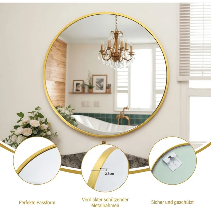 Home Nature Wohnkonzept Wandspiegel Gold, Rund, hochauflösender Schminkspiegel für Badezimmer & Schlafzimmer, Aluminium, 40 cm – Bild 3