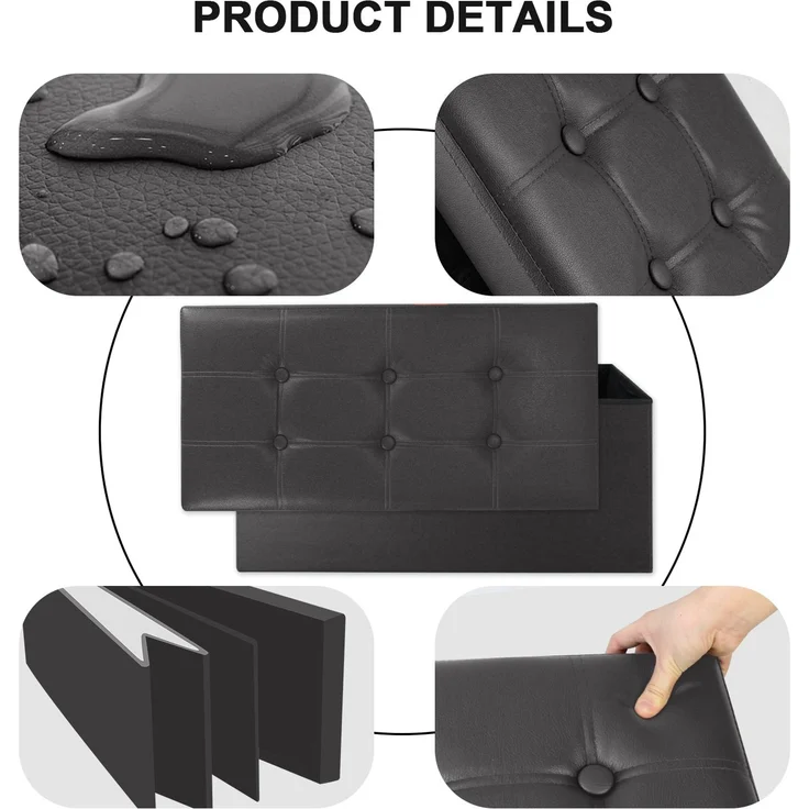 Todeco - Sitztruhe, Kunstleder Sitzhocker - Maximale Belastbarkeit: 150 kg - Material: Kunstleder - Abgenähtes und gesticktes Finish, 76 x 38 x 38 cm, Schwarz – Bild 6