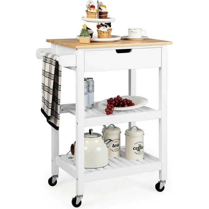 COSTWAY Küchenwagen, mit Schublade, 2 offenen Regalen, Schiebegriff, bis 61kg – Bild 5