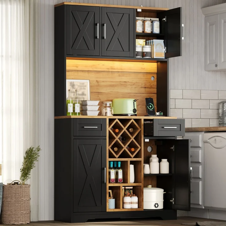 Küchenschrank, hoher Stauraumschrank mit LED-Beleuchtung, Vorratsschrank mit Weinregalen, Weinschrank & Vitrinenschrank für Wohnzimmer und Esszimmer, 180 × 105 × 40 cm--Natur2 + Schwarz--105x40x180cm--YOUDENOVA – Bild 7