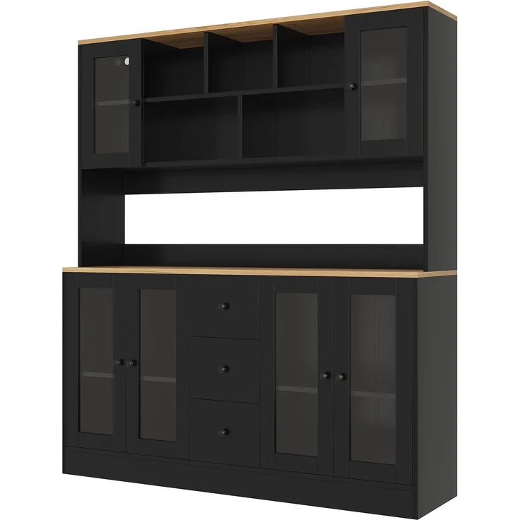 Küchenschrank, hoher Aufbewahrungsschrank mit LED-Beleuchtung und Steckdosen, Vorratsschrank mit 6 Acryltüren und 3 Schubladen, Vitrinenschrank für Wohnzimmer und Esszimmer, 150 × 40 × 173 cm--Schwarz + Natur--150x40x173cm--YOUDENOVA – Bild 10