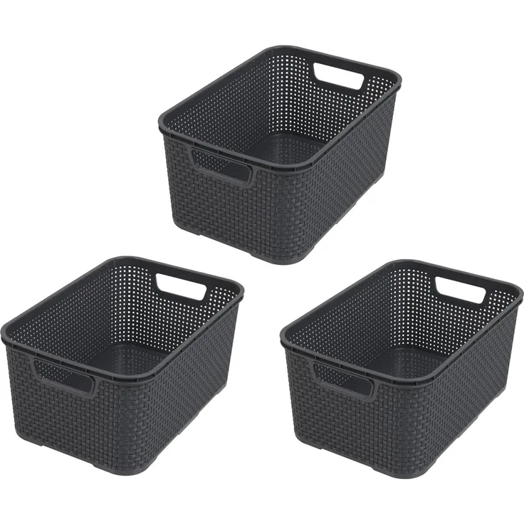 BranQ - Home essential Korb in Rattan Design 3er Set Grösse M 10l, Kunststoff PP, Anthrazit