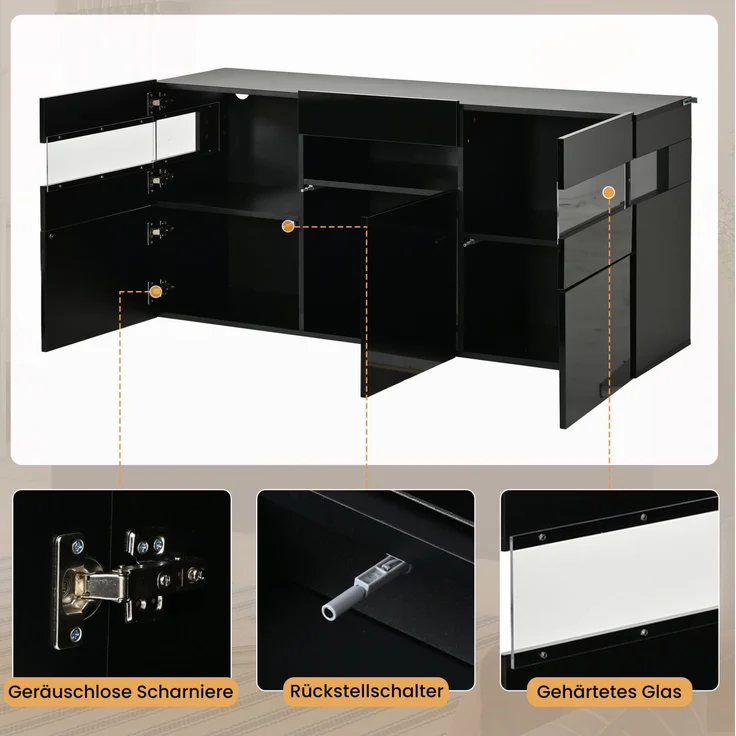 DESVIAE Sideboard Schwarz aus Spanplatte – 140x66,5x40,5 cm – 3 Türen, LED-Beleuchtung – Bild 5