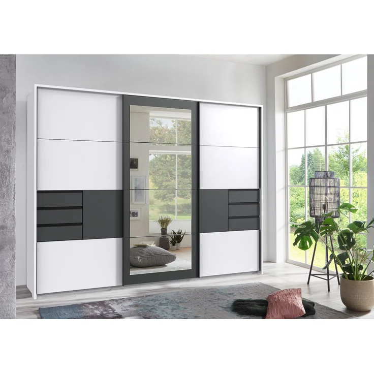 Schwebetürenschrank Kleiderschrank 273 cm Passepartout Schubladen Spiegel Weiß Grafit – Bild 3